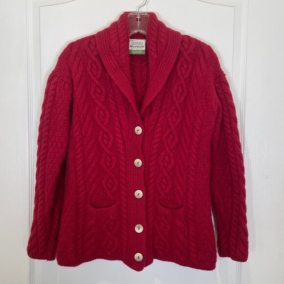 Irish Merino Wool Cardigan Shannon Woolen Mills Cable Knit Red Shawl Collar XS - Picture 2 of 4